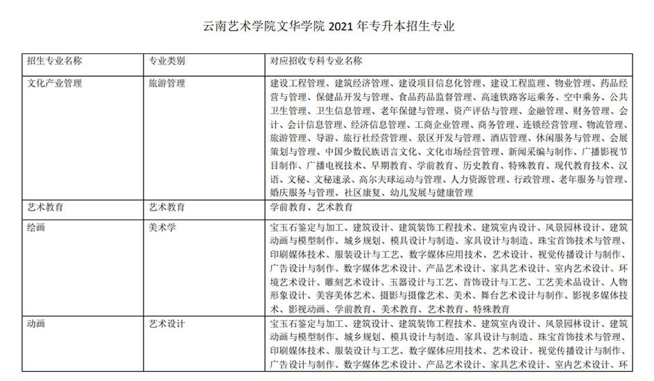 2021年云南艺术学院文华学院招生专业