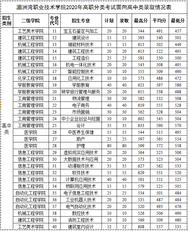 湄洲灣職業(yè)技術學院2020年高職分類考試面向高中類錄取情況表