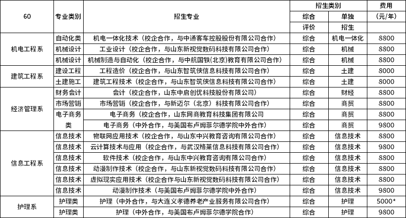 聊城职业技术学院2020单独考试(综合评价)招生专业