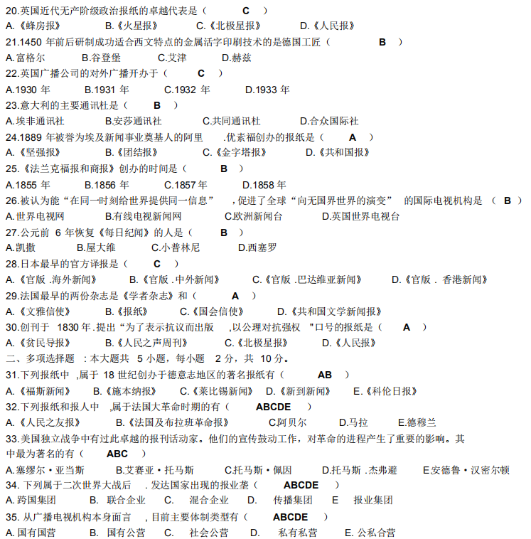 2019年4月自考外國新聞事業(yè)史00660真題及答案