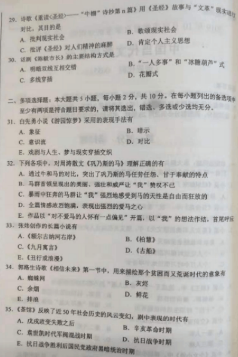 2019年10月自考中国当代文学作品选00531真题及答案
