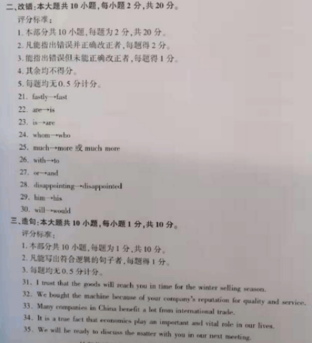 2019年10月自考外贸英语写作00097试题答案及评分参考