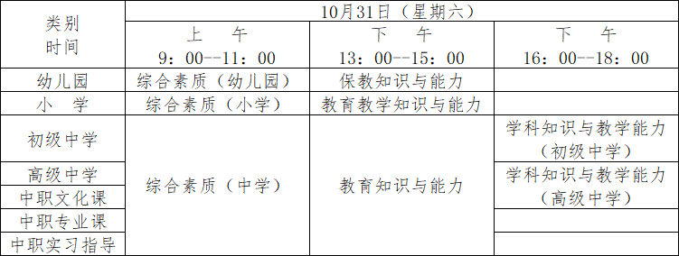 云南省2020年下半年中小学教师资格考试(笔试)时间安排
