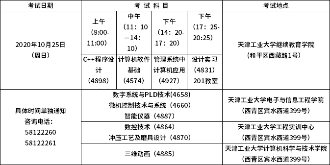 天津工业大学2020年下半年高等教育自学考试实践课考试安排