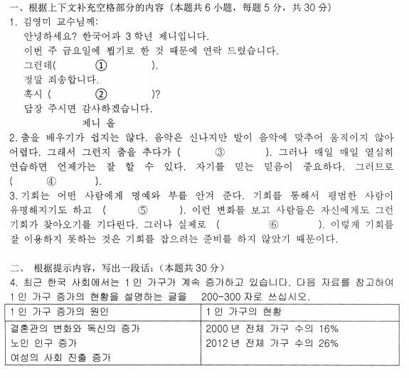2020年10月自考韩国语写作01117真题