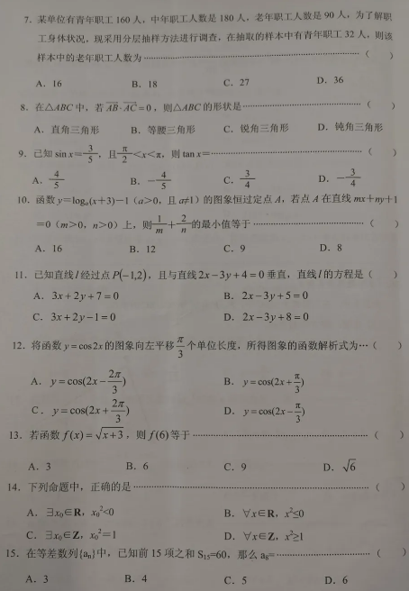 2021年成人高考数学（文）高起专模拟冲刺卷6