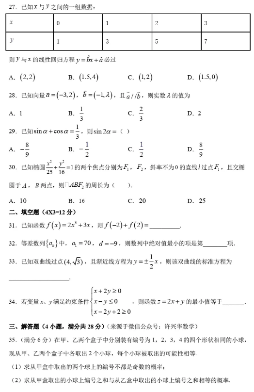 2021年成人高考数学（文）高起专模拟冲刺卷10