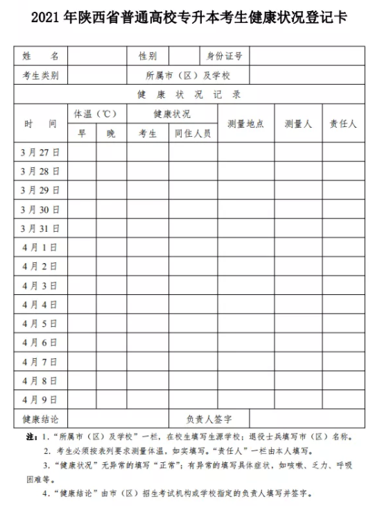 2021年陜西專升本考生健康狀況登記卡