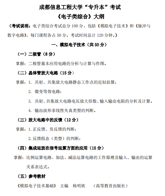 2020年四川專升本成都信息工程大學(xué)電子類綜合科目考試大綱