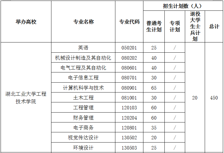 2021年湖北工業(yè)大學工程技術學院專升本招生計劃