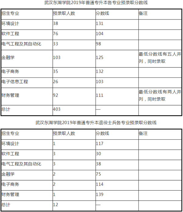 2019年武汉东湖学院专升本预录取分数线（含退役士兵）