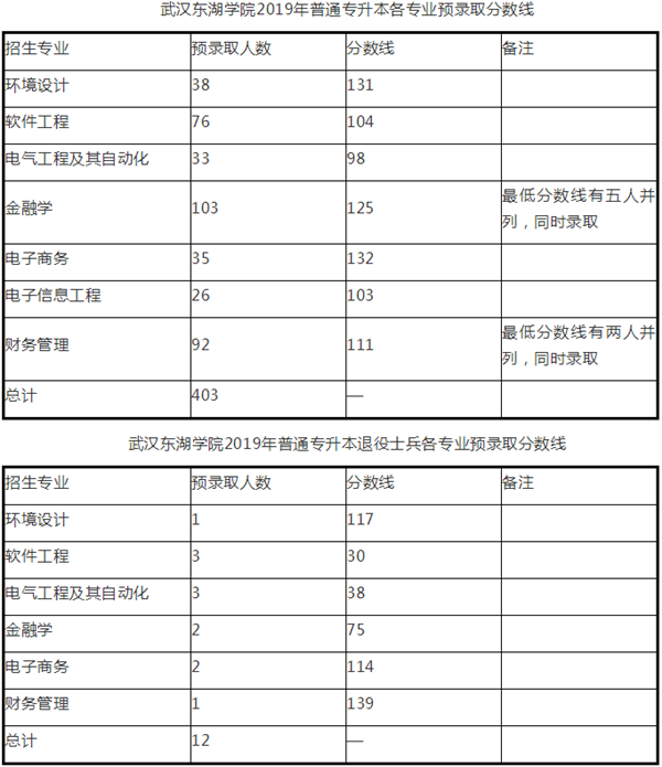 2019年武漢東湖學(xué)院專升本預(yù)錄取分?jǐn)?shù)線（含退役士兵）