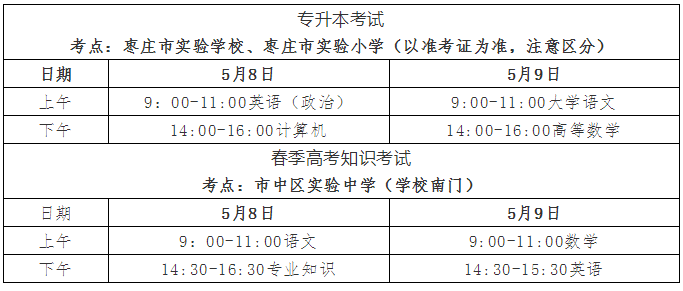 2021年山東棗莊專升本考試時間