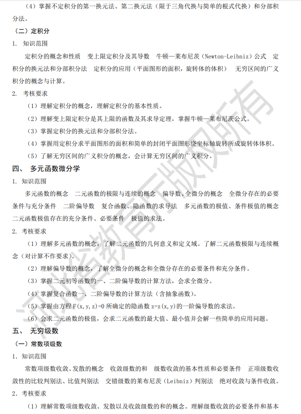 2021年河北专接本数学二（经管、农学类）科目考试大纲