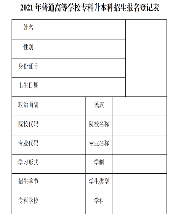 2021年內(nèi)蒙古專升本報(bào)名登記表