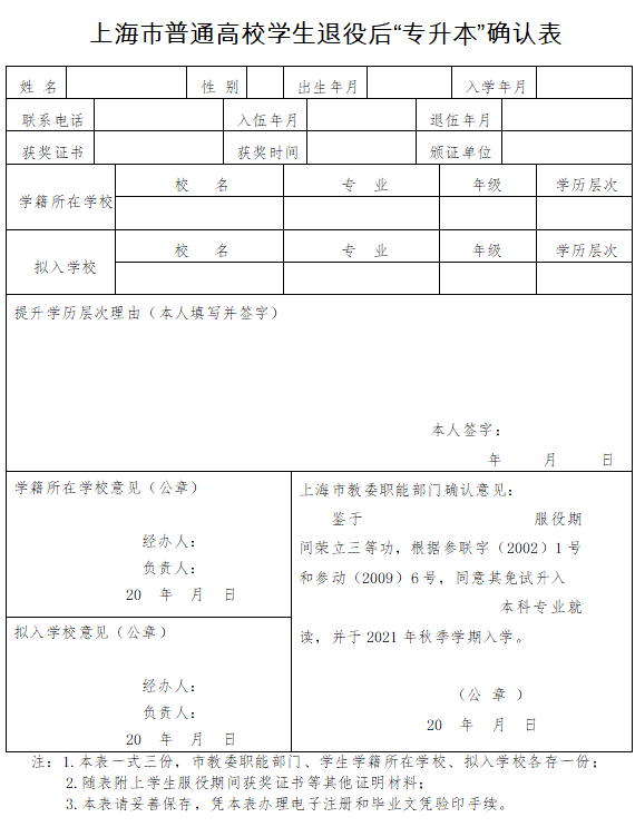 上海市普通高校学生退役后“专升本”确认表