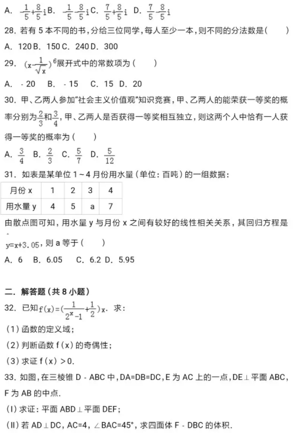 2022年高職單招文化素質考試數學科目知識點