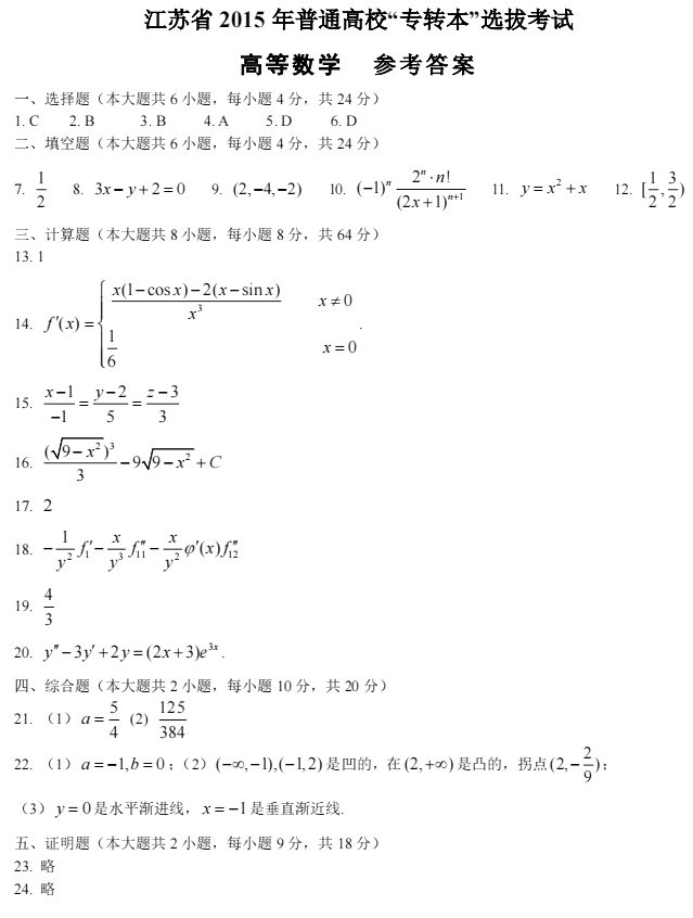 2015年江蘇專(zhuān)轉(zhuǎn)本高等數(shù)學(xué)真題及答案