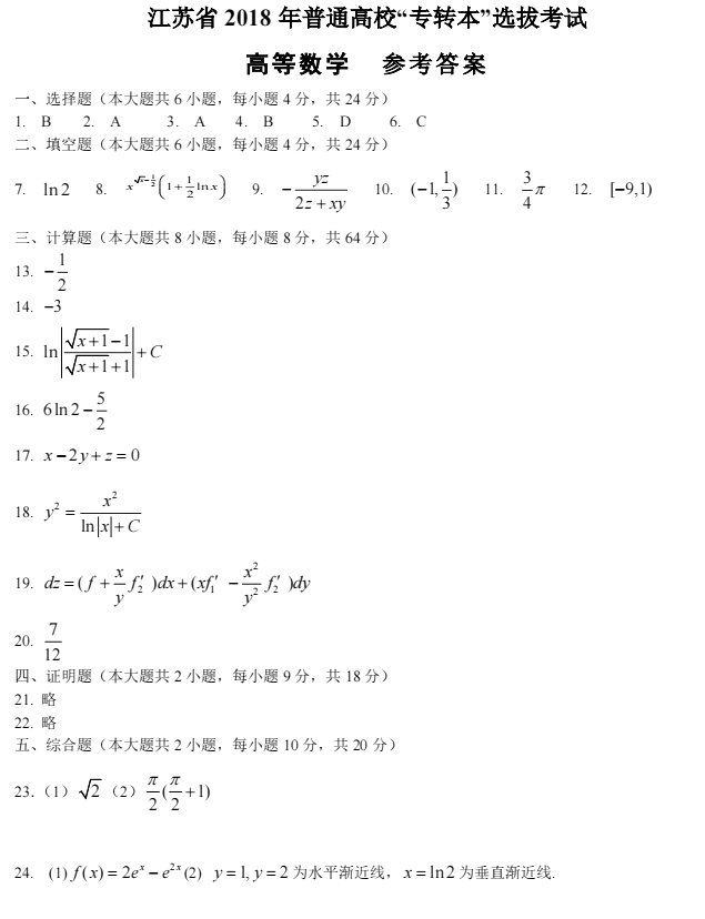 2018年江蘇專轉(zhuǎn)本高等數(shù)學(xué)真題及答案