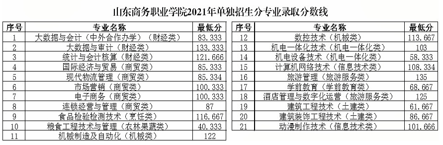 2021年山东商务职业学院单招综评分专业录取分数线