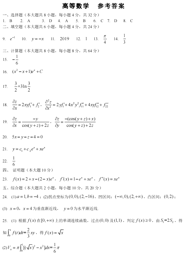 2019年江蘇專轉本高等數學真題及答案