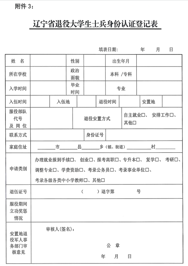 遼寧省退役大學(xué)生士兵身份認(rèn)證登記表