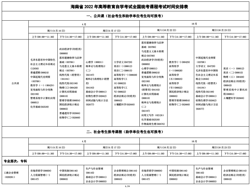 海南省2022年自考全国统考课程考试时间安排表