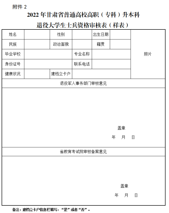 2022年甘肃省普通高校高职(专科)升本科退役大学生士兵资格审核表(样表)