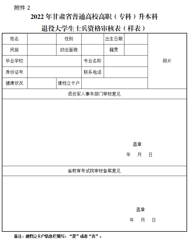 2022年甘肅省普通高校高職(?？?升本科退役大學(xué)生士兵資格審核表(樣表)