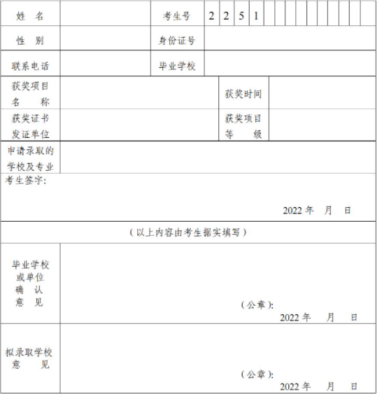 四川省2022年普通高等学校高职教育单独招生免试录取考生申请表