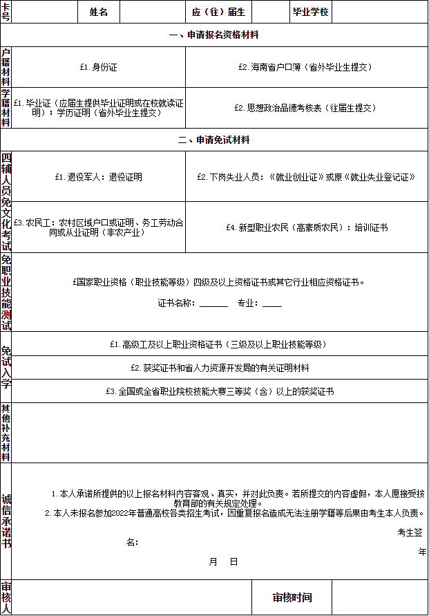 2022年海南省高职分类招生考试报名考生提交材料清单及诚信承诺书