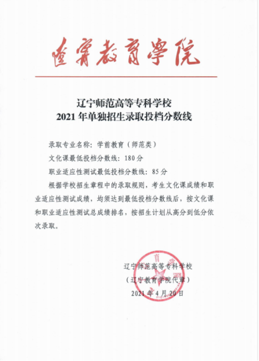 2021年辽宁师范高等专科学校单独招生录取投档分数线