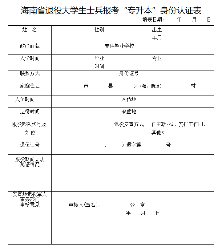 海南省退役大学生士兵报考“专升本”身份认证表
