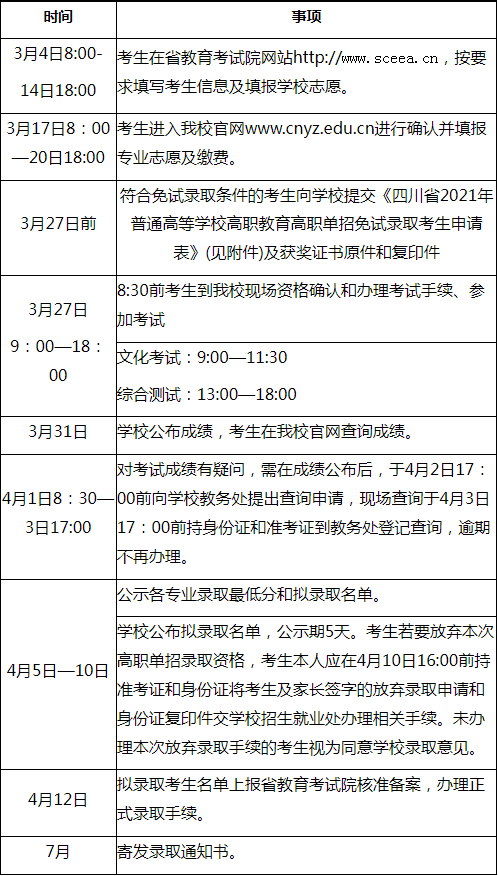 2021年高職單招考試日程安排