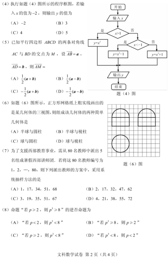 2019年重慶分類考試文化素質(zhì)測(cè)試文科數(shù)學(xué)科目真題