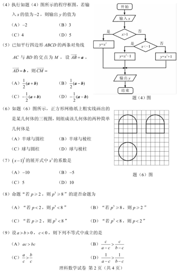 2019年重慶分類考試文化素質(zhì)測試數(shù)學科目真題