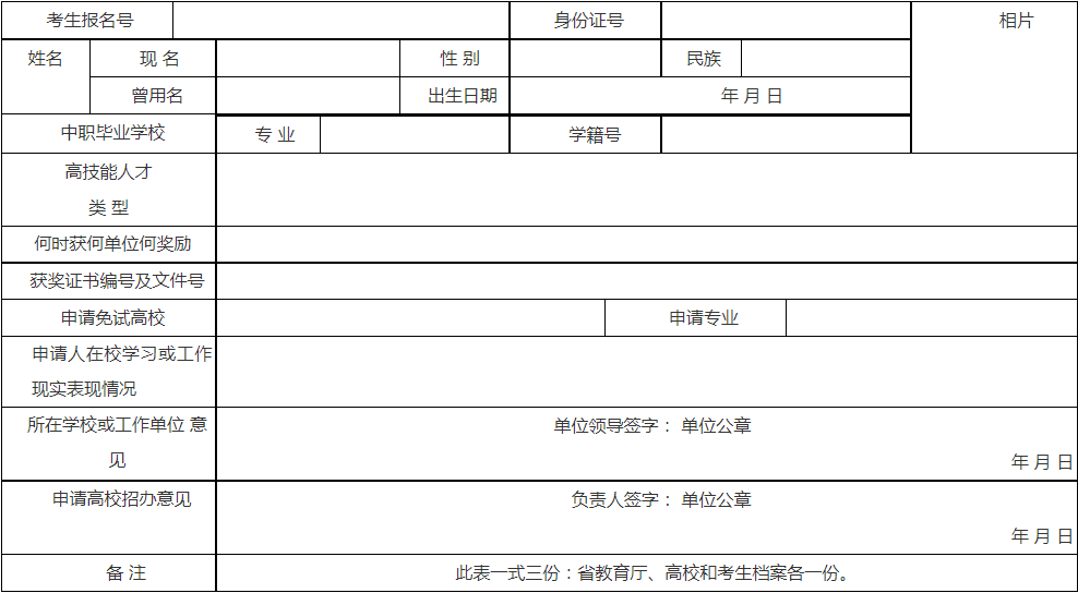 河南省普通高等學(xué)校招收技能拔尖人才免試入學(xué)登記表