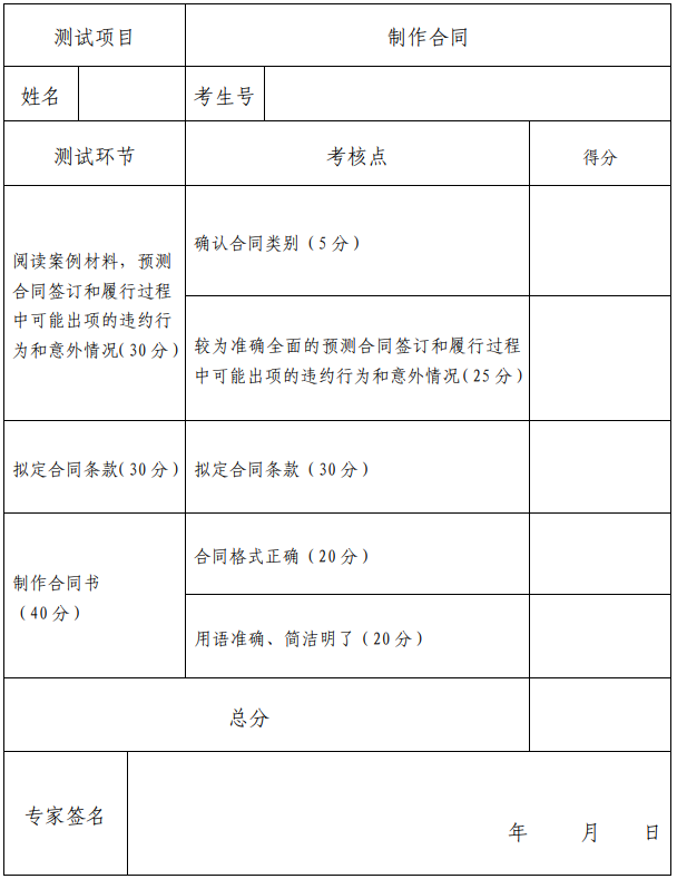 《制作合同》测试评分表