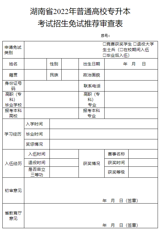 湖南省2022年普通高校专升本考试招生免试推荐审查表