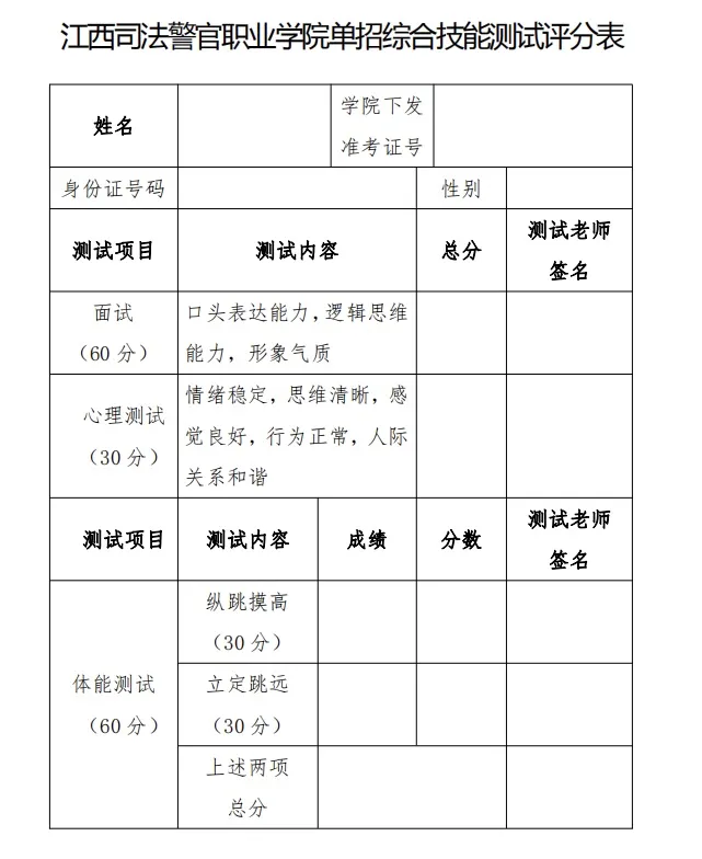 2022年江西司法警官职业学院高职单招技能测试评分表