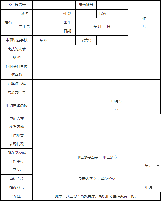 河南省普通高校2022年招收高技能人才免試入學(xué)登記表