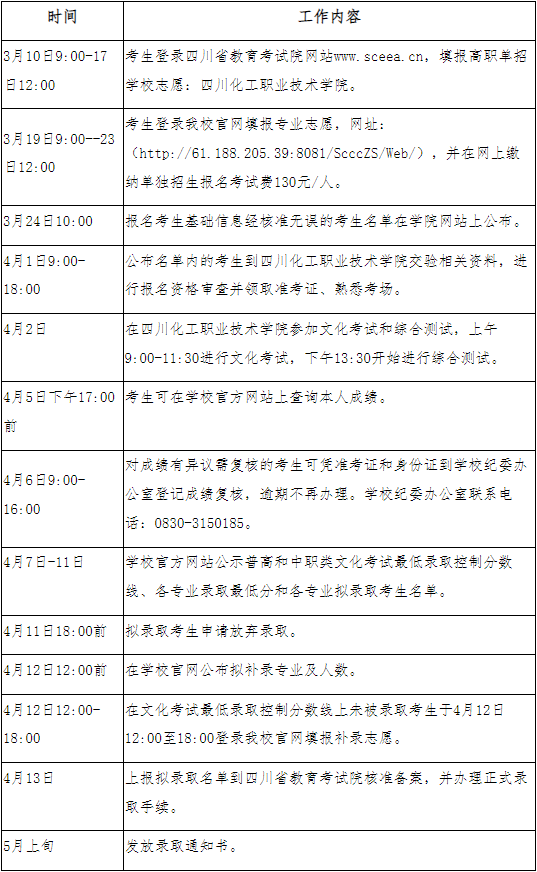 單獨招生考試工作時間安排