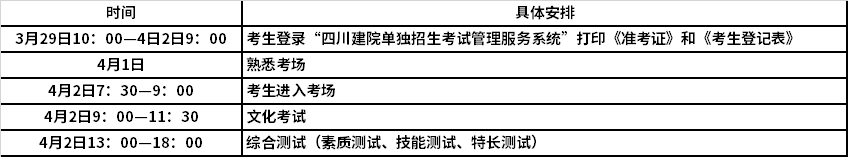 四川建筑职业技术学院2022年单招考试时间安排表