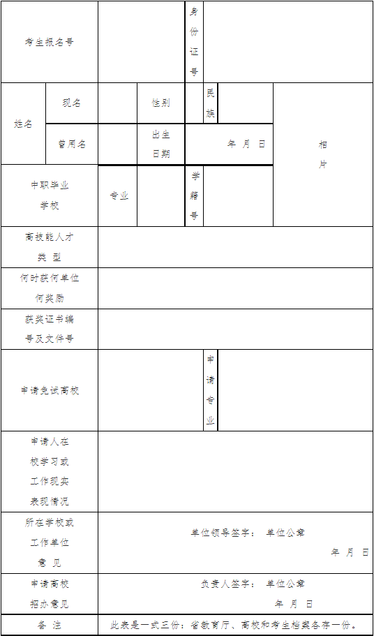河南省普通高等学校招收技能拔尖人才免试入学登记表