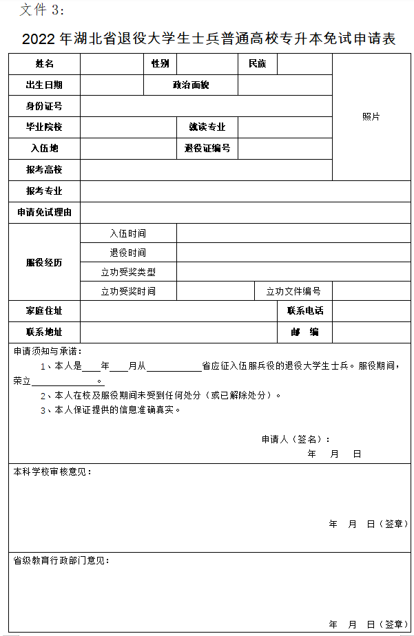 2022年湖北省退役大學(xué)生士兵普通高校專升本免試申請(qǐng)表