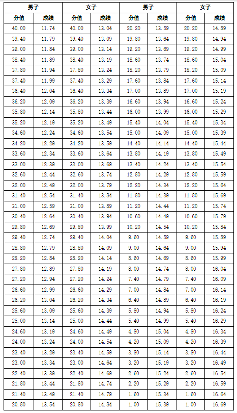 (一)100米跑素质测试评分表