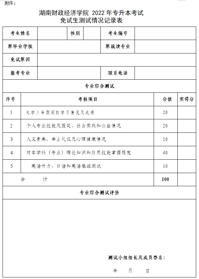 湖南财政经济学院 2022年专升本考试免试生测试情况记录表