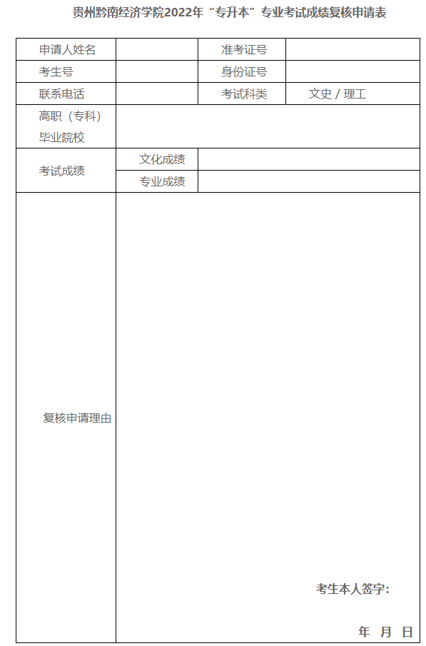 貴州黔南經(jīng)濟(jì)學(xué)院2022年“專(zhuān)升本”專(zhuān)業(yè)考試成績(jī)復(fù)核申請(qǐng)表