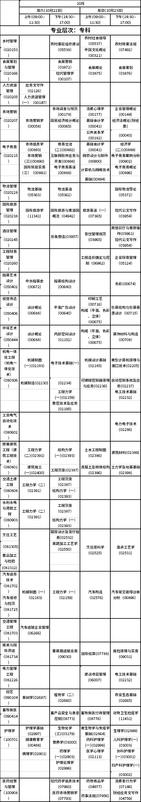 海南2022年下半年自考统考课程考试时间安排表（22、23日）