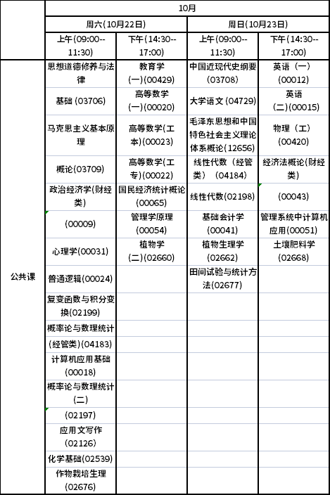 海南2022年下半年自考统考课程考试时间安排表（22、23日）